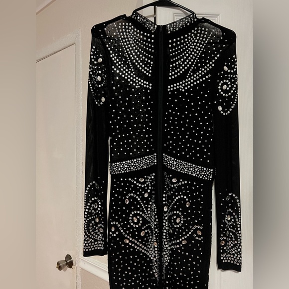 Mock Neck Rhinestone Sheer Mesh Bodycon Dress - Picture 3 of 7